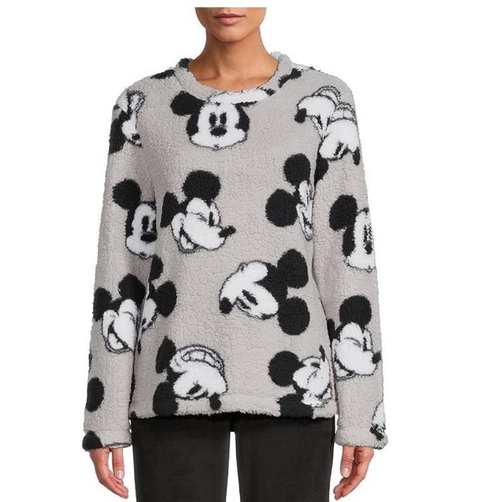 Disney Mickey Mouse Sherpa Fleece Sweatshirt Grey Black White SZ XL